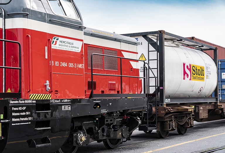 Tank container loaded on a train